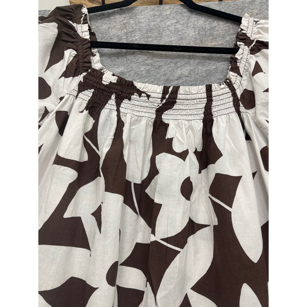 Free People Brown White Floral Smocked Puff Sleeve Mini Dress with Pockets - Picture 13 of 14